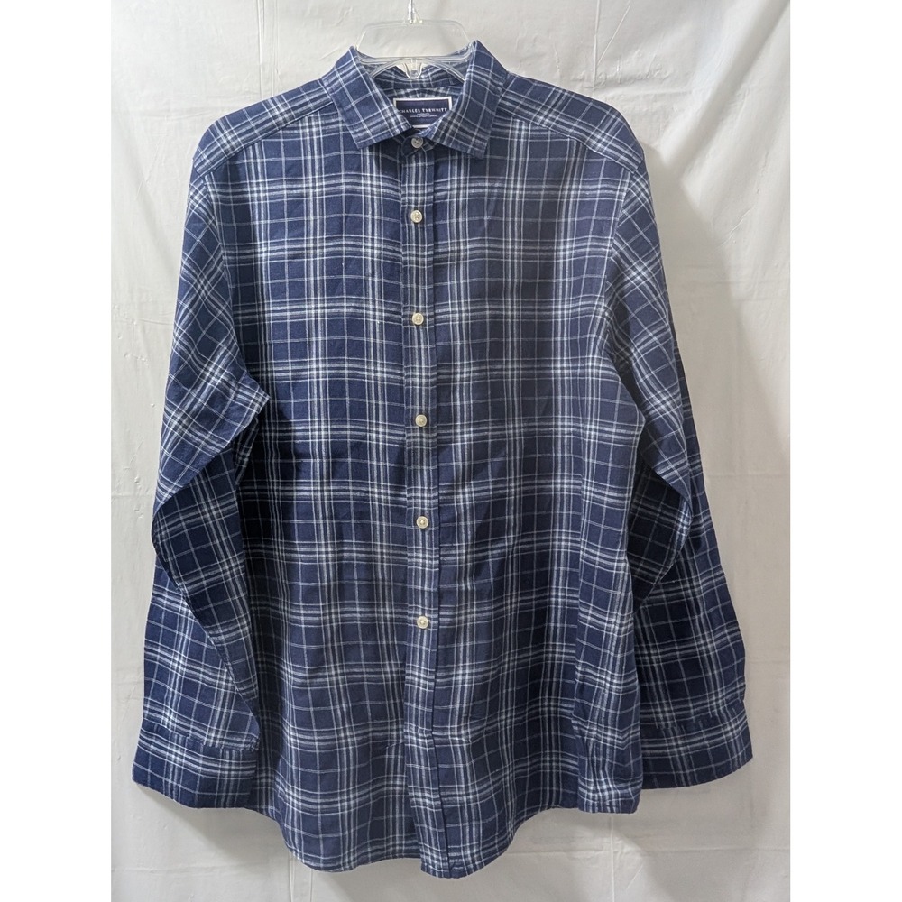Charles Tyrwhitt Mens Classic Fit Blue‎ Plaid 100% Linen Button Up Shirt Medium